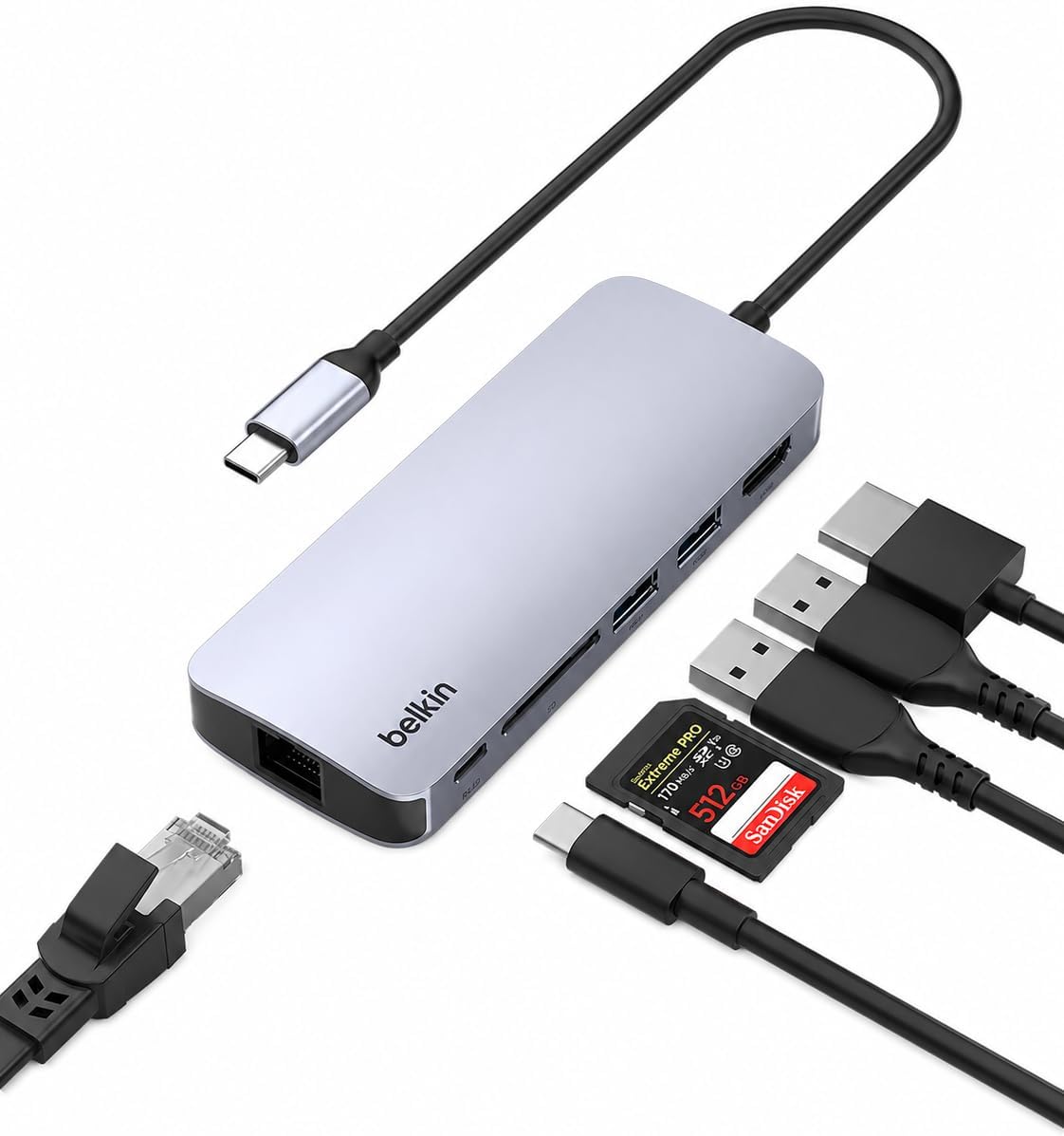 Belkin Connect USB-C 6-in-1 Multiport Adapter, Grey, 4K HDMI and SD Card Reader