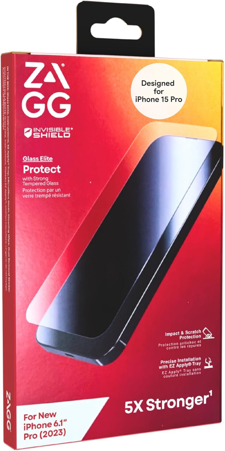 ZAGG InvisibleShield Glass Elite Screen Protector for Apple iPhone 15, Clear Tempered Glass